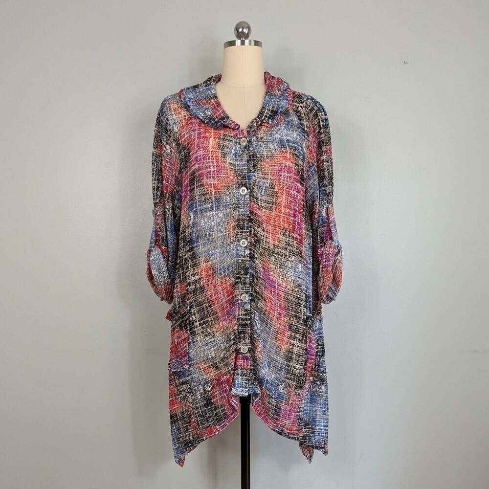 Multiples Button Tunic Top 1X Sheer Duster Artsy Colorful Long Layer Cardigan